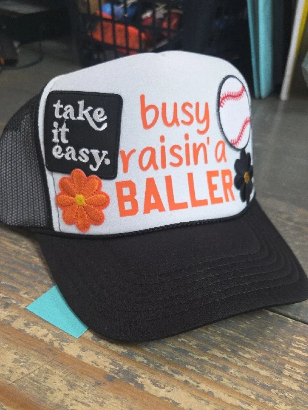 Busy Raisin' a Baller Black And Orange BASEBALL HAT Trucker Cap - Black & White